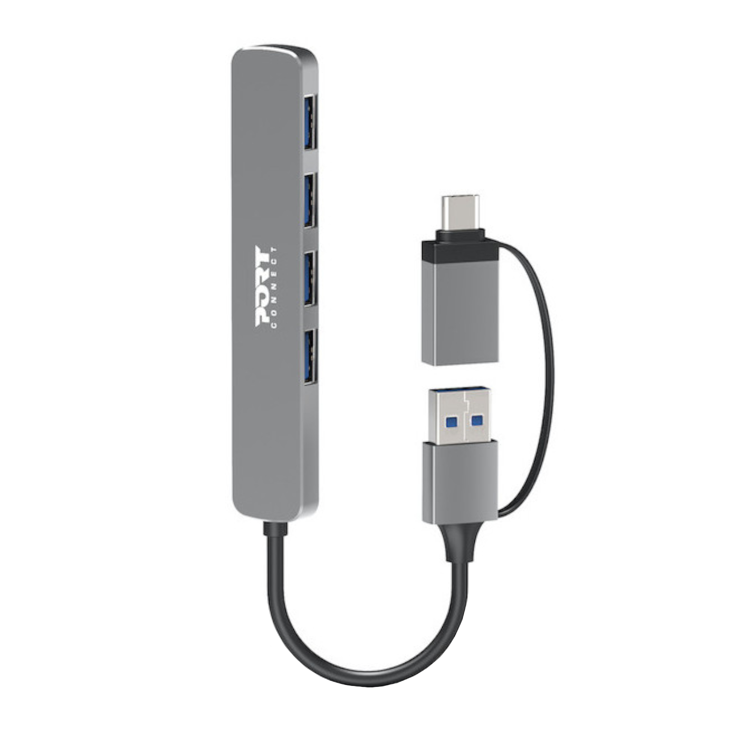 900161_Port-Connect-USB-Type-C-to-4-port-USB-A-3.0-Hub-Grey_wr_01a-1