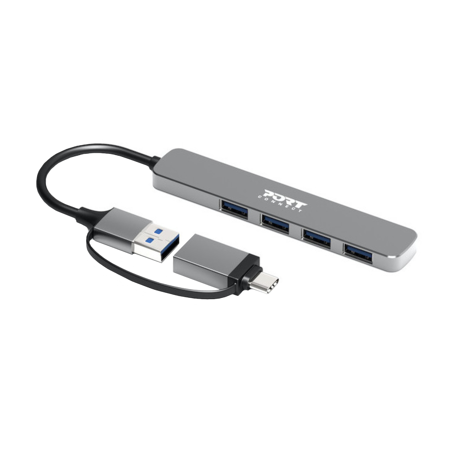 900161_Port-Connect-USB-Type-C-to-4-port-USB-A-3.0-Hub-Grey_wr_03a-1